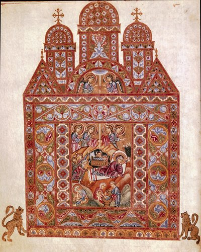 Nativite miniatyr av Codex of Egbert (Codex Egberti) av skolan i Reichenau. 980 ca. Cividale del Friuli, arkeologiskt museum eller Cathedrale de Cividale av German School