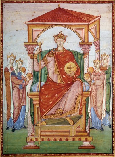 Otton III (980-1002) Germansk kejsare som tar emot hyllningen av nationerna Miniatyr från manuskriptet "Evangelikal av Otton III", sent 1000-tal. Chantilly, Conde Museum av German School