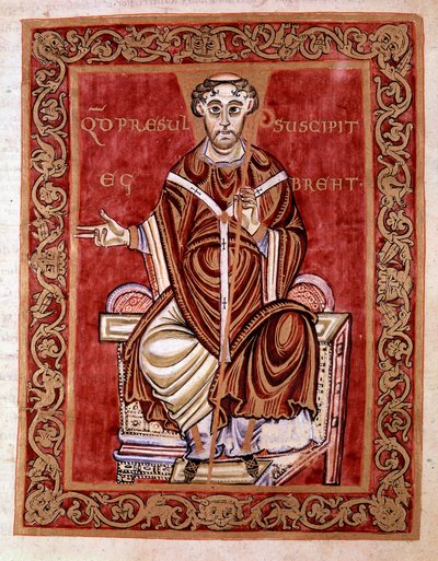 Eveque Egbert de Treves tar emot psaltaren från händerna på munken Rudprecht (ej representerad här) - Miniatyr av Codex of Egbert (Codex Egberti) av skolan i Reichenau, 980 - Cividale del friuli, museo archeologico eller Cathedrale de Civid av German School