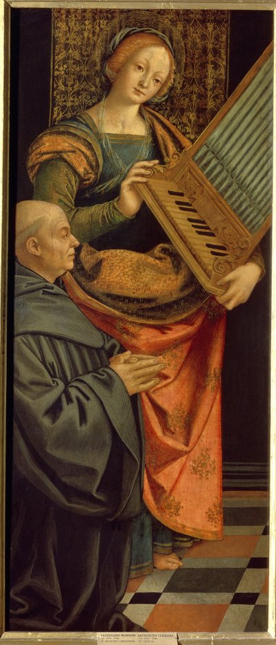 Sankta Cecilia av Rom (3:e århundradet) (Saint Cecilia). Bär en orgel, med en munk som knäböjer vid sina fötter. Målning av Gerolamo Giovenone (1490-1555), tempera på trä, efter 1530. Italiensk konst (Milano) av Gerolamo Giovenone