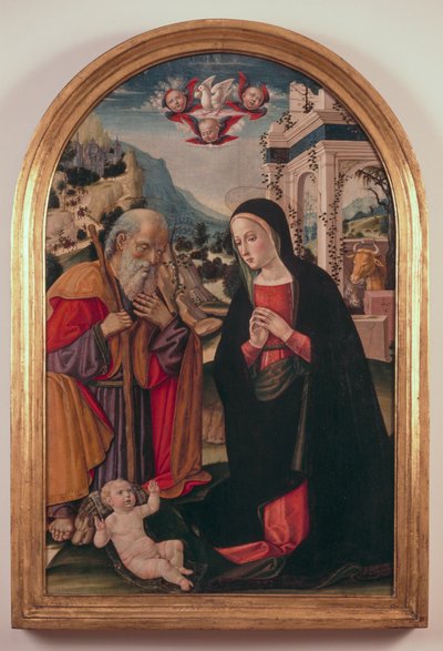 Tillbedjan av barnet, ca 1490-1525, av Girolamo Benvenuto (1470-1524) av Gerolamo di Benvenuto