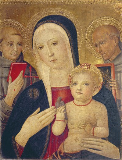 Madonna och barnet med S:t Franciskus och S:t Bernhard (olja på pannå) av Gerolamo di Benvenuto