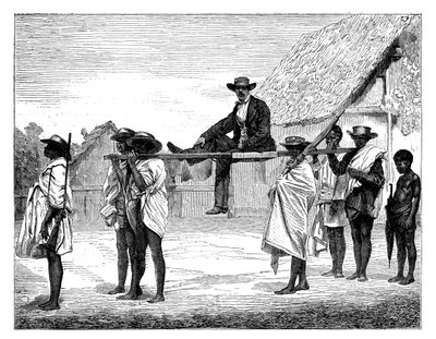Afrikanska infödda bär på en vit man, Afrika, 1800-talet. av Gerome Staal