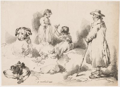 Studier av barn, två små flickor, två hundar, en man, 1793. av Gerrard Street J. Harris Soho