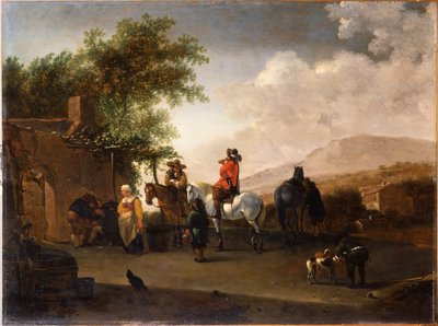 Resenärer till häst tar förfriskningar på ett bergspass, i ett italienskt landskap av Gerrit Adriaensz Berckheyde