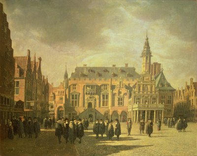 Utsikt över rådhuset på torget i Haarlem av Gerrit Adriaensz Berckheyde