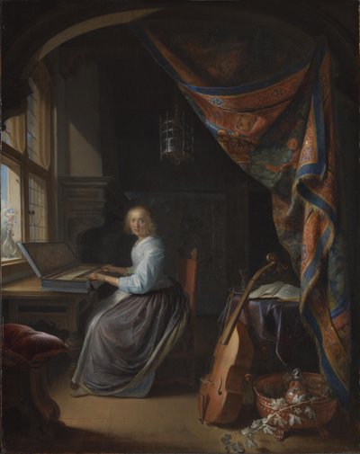 En dam som spelar på en klavikord. av Gerrit Dou