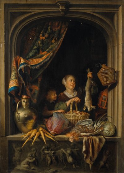 En ung kvinna håller i en hare med en pojke vid ett fönster av Gerrit Dou