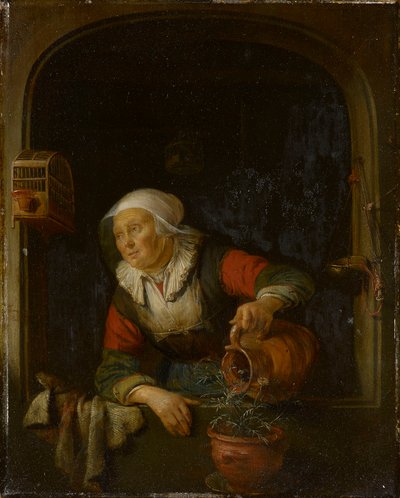 En gammal kvinna vattnar en kruka med rosa blommor av Gerrit Dou