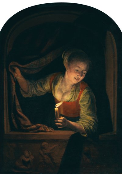 Holländska: Ung kvinna med ett tänt ljus vid ett fönster av Gerrit Dou