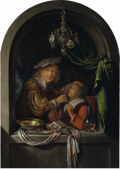 Tyska: Der Zahnarzt En barberare-kirurg som undersöker en flicka av Gerrit Dou