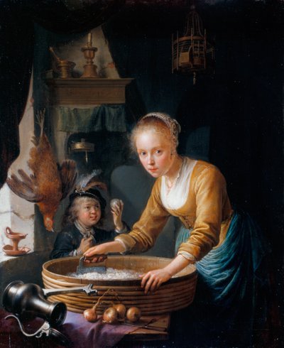 Flickan hackar lök av Gerrit Dou
