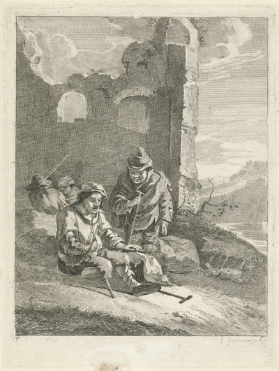 Fyra figurer vid en ruin av Gerrit Groenewegen