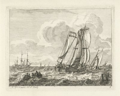 Segelfartyg och en roddbåt på öppet vatten Havslandskap med skepp (serietitel) av Gerrit Groenewegen