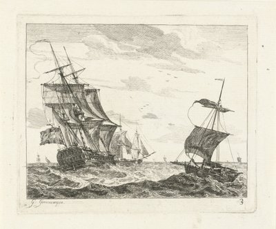 Segelfartyg på oroliga hav Havslandskap med skepp (serietitel) av Gerrit Groenewegen