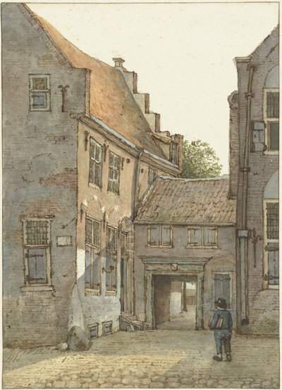 Utsikt över ingången till latinskolan, St. Hieronymus-skolan, på Kromme Nieuwegracht i Utrecht av Gerrit Lamberts