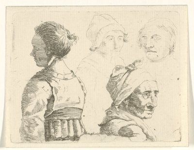 Studieblad med en honbyst och tre honhuvuden av Gerrit Lamberts