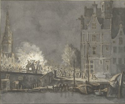 Bränning av tullhusen vid Nieuwebrug i Amsterdam av Gerrit Lamberts