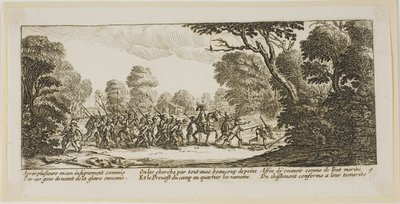 Upptäckten av de kriminella soldaterna, plansch nio ur The Large Miseries of War av Gerrit Lucasz van Schagen