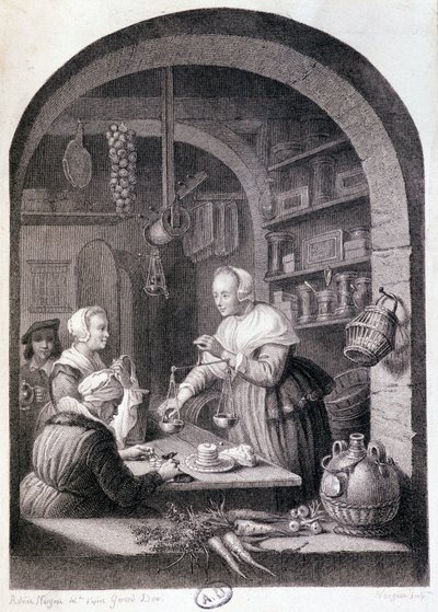Village livsmedelsbutik vägning med en balans. sd. 1700-talet av Gerrit or Gerard (after) Dou