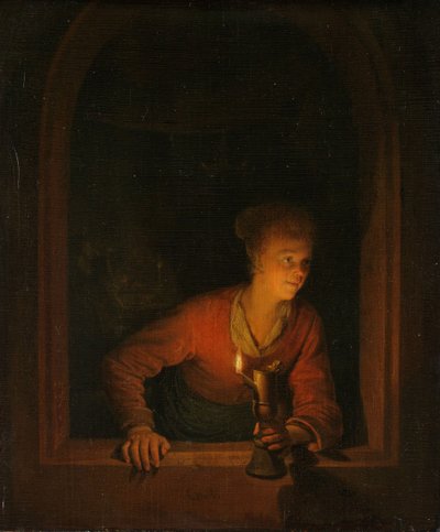 Flicka med en oljelampa vid ett fönster, 1645-75 av Gerrit Dou