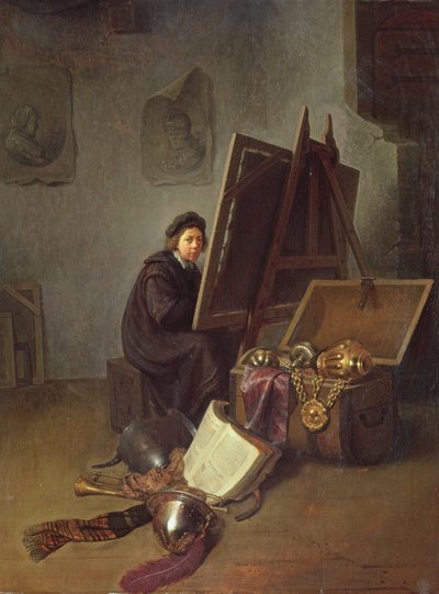 Porträtt av konstnären vid hans staffli i hans studio av Gerrit Dou