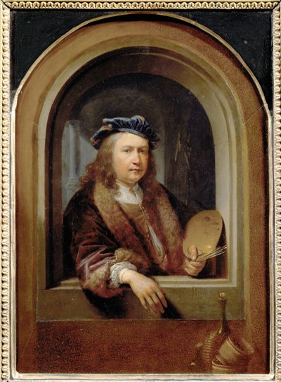 Porträtt av konstnären med en målarpalett ... av Gerrit or Gerard Dou