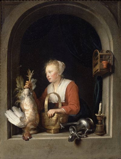 Den hollandske husmor eller kvinden, der hænger en hane i vinduet, 1650 swed av Gerrit Dou