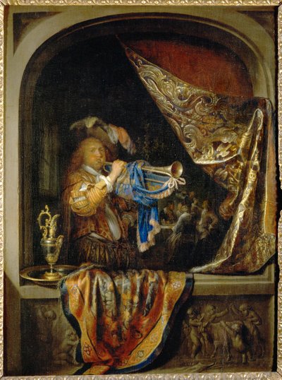 Trumpetaren, i bakgrunden en festmåltid ... av Gerrit or Gerard Dou