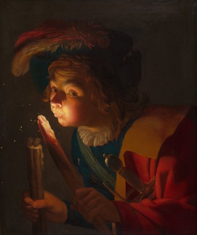 En pojke som blåser på en brand av Gerrit van Honthorst