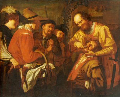 En kvacksalvare tandläkare drar ut en tand, medan en grupp åskådare tittar i närheten av Gerrit van Honthorst