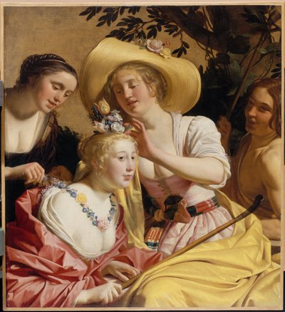 En herdinna smyckad med blommor av Gerrit van Honthorst