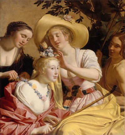 En herdinna prydd med blommor av Gerrit van Honthorst