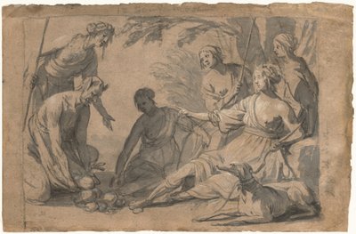 Diana och fyra nymfer tar emot gåvor från en satyr av Gerrit van Honthorst