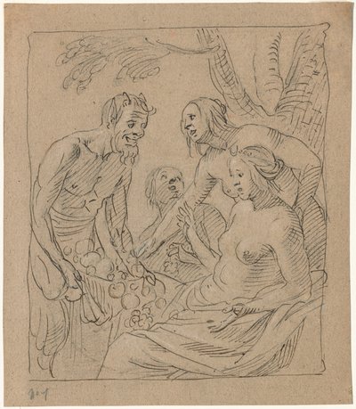 Diana och två nymfer tar emot gåvor från en satyr (recto) av Gerrit van Honthorst