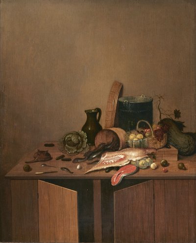 Köksstilleben med kött, fisk och grönsaker av Gerrit van Vucht
