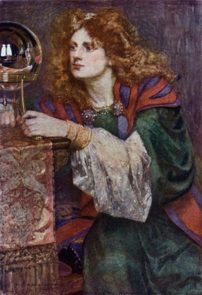 Britomart espies the Mirror (färg litho) av Gertrude E. Demain (after) Hammond