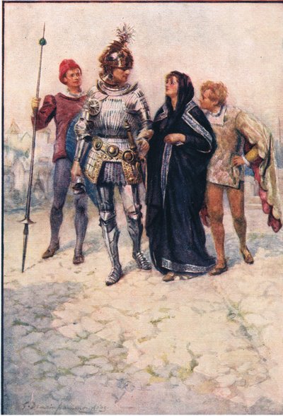 Prins Arthur leder Belge och hennes söner in i slottet, Stories from the Faerie Queen publicerade av George Harrap and Company av Gertrude E. Demain (after) Hammond