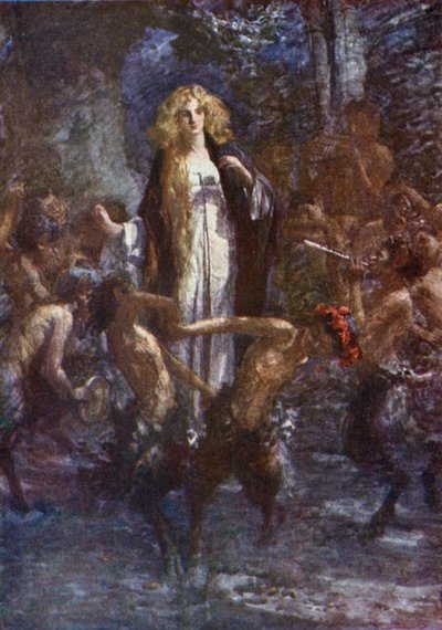 "Satyrerna dansade runt henne i glädje" (färg litho) av Gertrude E. Demain (after) Hammond
