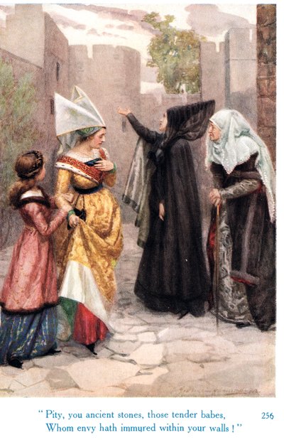 "Tycke, ni gamla stenar, dessa ömma brudar, som avundsjuka har smyglat inom era väggar!", illustration från "Shakespeares berättelser om de engelska kungarna", utgiven av George Harrap & Son av Gertrude E. Demain Hammond