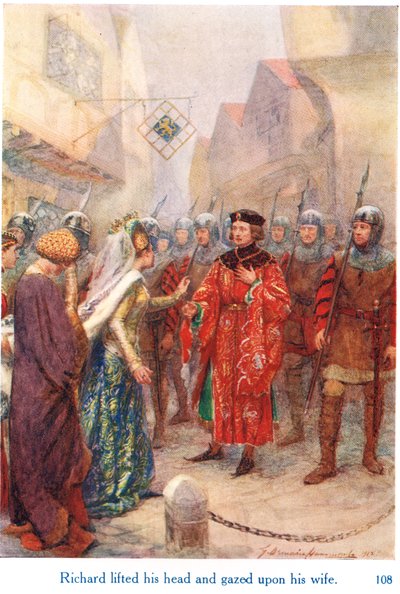 "Richard lyfte på huvudet och tittade på sin fru", illustration från "Shakespeares berättelser om de engelska kungarna", publicerad av George Harrap & Son av Gertrude E. Demain Hammond