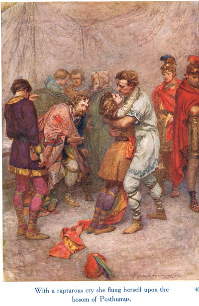 "Med ett hänfört rop kastade hon sig själv på Posthumus sköte", illustration från "Shakespeares berättelser om de engelska kungarna", utgiven av George Harrap & Son av Gertrude E. Demain Hammond
