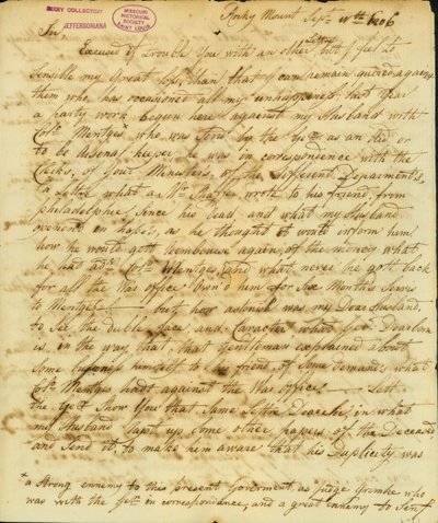 Letter signed Gertrude Joan Senf, Rocky Mount, to Thomas Jefferson, September 11, 1806 av Gertrude Joan Senf