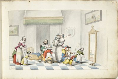 Barnrum med tre kvinnor och barn av Gesina ter Borch (signed by artist)