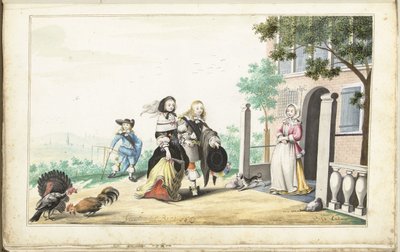 Par hälsar en dam vid dörren till ett hus på landet av Gesina ter Borch (signed by artist)