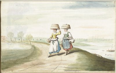 Två bondkvinnor som går i ett landskap av Gesina ter Borch (signed by artist)