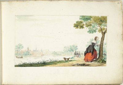 Kvinna som skriver namn på ett träd av Gesina ter Borch (signed by artist)