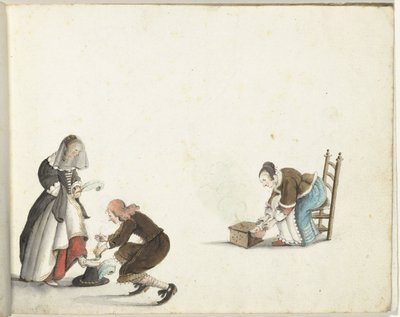 Lord drar åt en dams sko och en kvinna sätter eld i en spis av Gesina ter Borch