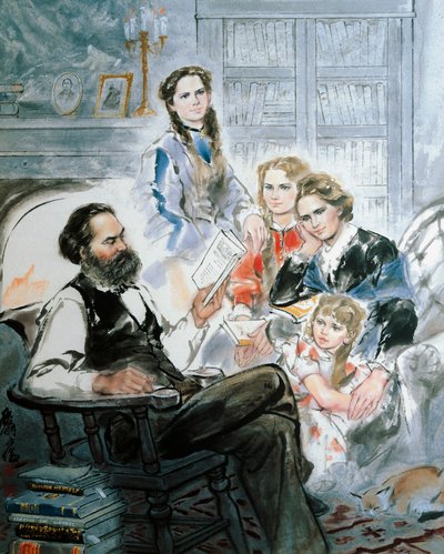 Karl Marx och hans familj (akvarell) av Ghan Zen Mon