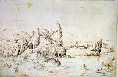 Ett slott på en klippa i bergslandskapet, 1540. av Gherado Cibo